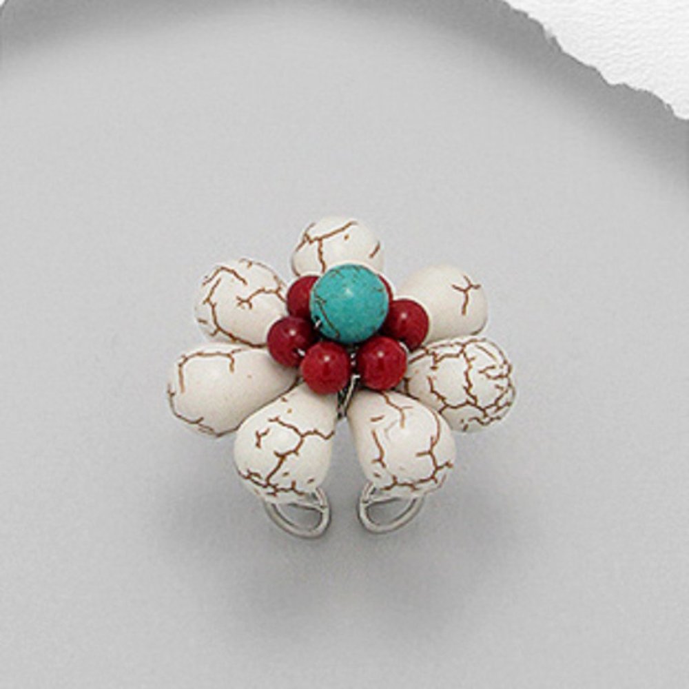 Natural Turquoise and Red Agate Blossom Ring